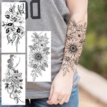 Голямо слънце цвете временни татуировки за жени момичета реалистични пеперуда змия божур фалшив татуировка стикер ръка тяло Tatoos водоустойчив