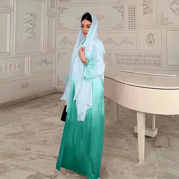 градиент 2 броя Abaya комплект със съвпадаща вътрешна рокля мюсюлманска мода Дубай роба перо Abayas за жени хиджаб кимоно Рамадан Ейд