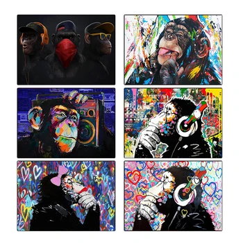 Графити Арт Банкси Маймуна Плакат Абстрактен DJ Gorilla Animal Canvas Живопис Печат Любов Стена Арт Картина Стая Начало Cuadro Декор