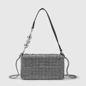 Дамска диамантена чанта лъскава чанта за рамо висококачествена малка квадратна чанта 2024 мода Crossbody чанта парти вечеря чанта