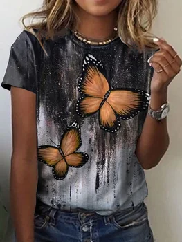 Дамска мода 3D печат полиестерни тениски Летни тениски с къс ръкав Пеперуда Графични тройници Улично облекло Свободно извънгабаритно облекло