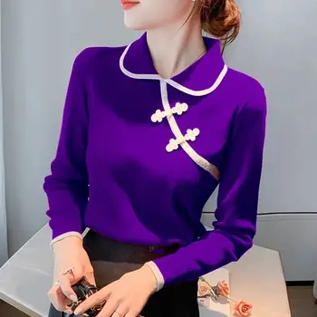 Дамска мода ревера бутон снаждане трикотажни асиметрични дамски дрехи 2022 есен нов офис хлабав сладка риза пуловери