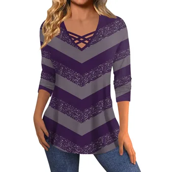 Дамска модна тениска хлабав плюс размер дълъг ръкав кръст v-образно деколте пуловер върховете контрастни цветове лента отпечатани основни върхове