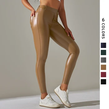 Дамски джобове йога панталони плътен цвят PU плат висока талия фитнес гамаши тънък годни супер стреч тренировка чорапогащи бягане спортно облекло