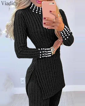 Дамски костюм случайни плета мъниста страна цепка дълъг ръкав Топ пуловер & дълги панталони комплект