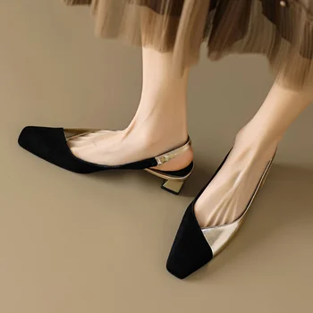 Дамски обувки 2023 Марка Slingbacks Жените високи токчета лято приплъзване офис помпи жени цвят съвпадение затворени пръсти сандали жени