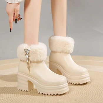 Дамски обувки в продажба 2023 Висококачествен цип дамски ботуши зимни плюшени руно за топлина къса барел платформа модни ботуши