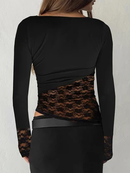 Дамски основни върхове Ежедневни дантелени пачуърк Неправилна риза с дълъг ръкав пуловер за клубно улично облекло естетически дрехи
