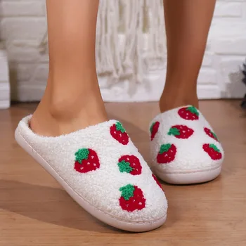 Дамски памучни чехли Нови удебелени топли домашни чехли сладко момиче ягода трайни мека подметка против хлъзгане на открито плюшени обувки