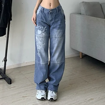 Дамски панталони Y2K Harajuku отпечатани карго дънки тъмно синьо кафяво висока талия Streetwear направо широк крак дънки