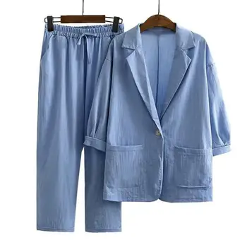 Дамски панталони комплект стилен дамски 2-парче палто широк крак панталони комплект за пролет/есен екипировки ревера дизайн един бутон затваряне