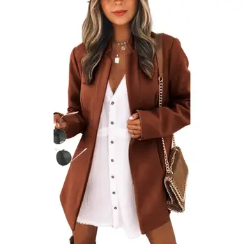 Дамски полиестер ликра яке елегантен дамски вълнени палта тънък стойка яка жилетка с джобове модерен за есента