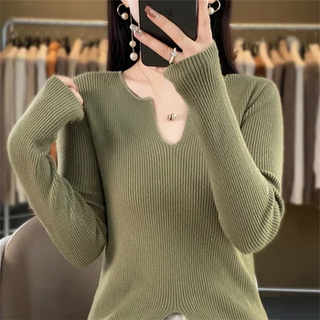 Дамски пуловер с U-образно деколте Есен/Зима плетен кашмирен пуловер Дълъг ръкав плътен цвят пуловер Пуловер с дълъг ръкав