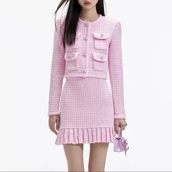 Дамски Розов плетен комплект о-образно деколте къса жилетка яке + висока wiast мини пола