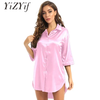 Дамски сатен 3/4 ръкав нощница бутон надолу завой-надолу яка нощница плътен цвят sleepshirt нощница пижама 2021