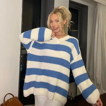 Дамски син бял райе трикотажни секси v-образно деколте дълъг ръкав пуловер пуловер зимна мода топлина извънгабаритни пуловер пуловер