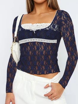 Дамски флорални дантелени върхове с дълъг ръкав Y2k виждат през тениски Отвесни Mesh излиза Топ блуза Clubwear