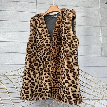 Дамско палто без ръкави жилетка покрита бутон леопард печат потник мода тънък кожа хлабав случайни връхни дрехи висока улица