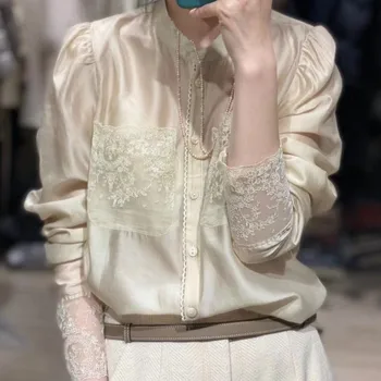Дантела бродерия съд ръкав риза дама дизайн мода стендъп яка блуза Blusa Mujer Moda 2023