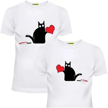 Двойки Тениски Черна котка Убийствен със сърце печат Двойка дрехи Летни тениски с къс ръкав Ежедневни върхове Любовници Тениски