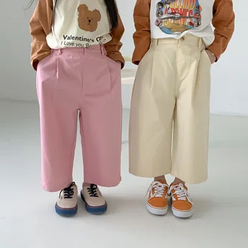 Детски панталони 2023 Пролет Нов корейски плътен цвят Ежедневни прави панталони на момичето Шест цвята Широки панталони на момчето