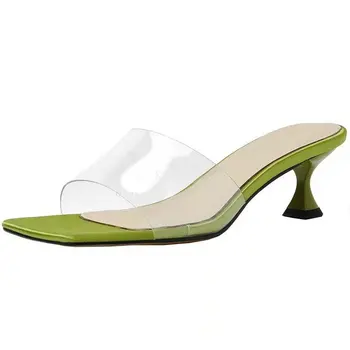 Дизайн жена сандали секси PVC прозрачни желе обувки сладки дами глезена квадратни пръсти токчета жени плюс размер 34-39 мода