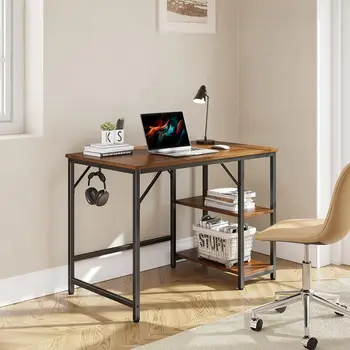  Домашен офис компютърно бюро, малко бюро за писане с дървен рафт за съхранение, 2-степенна индустриална маса за лаптоп Morden с