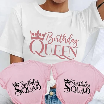 Дрехи за жени Рожден ден Squad Queen тениски Приятели Рожден ден Crew Tops Къс ръкав Tees Графичен извънгабаритни улично облекло