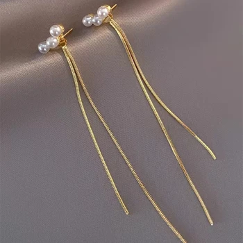 Дълга верига едноредови перлени обеци за жени Bijoux златен цвят дълъг пискюл висящи обеци сватби пиърсинг бижута подаръци