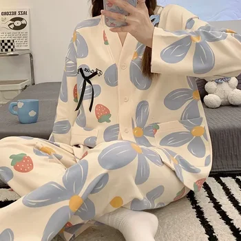 Дълъг корейски ръкав пижама дама Nighty дамски нощно облекло комплект парчета пижами спално облекло печат пижама памук костюм Начало пролет 2