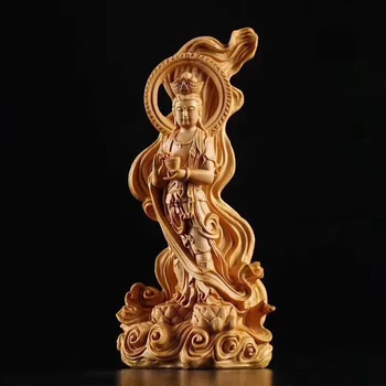 Дървен морски преход ГуанинСтатуя Китайски Буда Естествен цвят на дървения материал масивна дърворезба Начало Декорация на хол Статуя