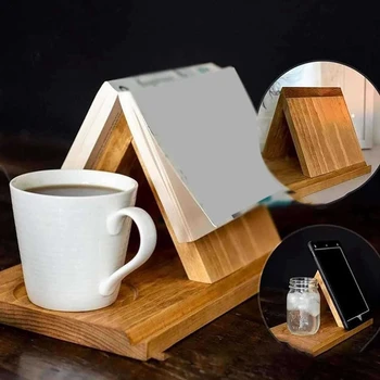 Дървена дървена триъгълна етажерка за книги, държач за книги с държач за кафе напитки, дървена книга за почивка