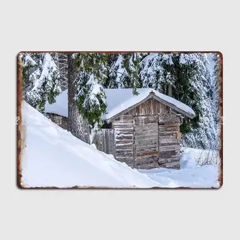 Дървена къща в снега Метален знак по поръчка клуб бар стена стенопис стена декор калай знак плакат