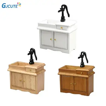 Дървена миниатюрна мивка за баня шкаф кухненска мивка чекмедже мебели модел декор играчка за 1/6 1/12 кукла къща аксесоари