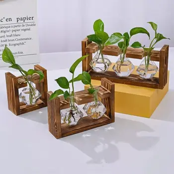 Дървена рамка хидропонни растения ваза бонсай декорация прозрачно стъкло цвете ваза цвете подреждане контейнер