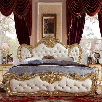 Европейска светлина луксозна естествена кожа масивна дървесина двойно легло шампанско злато 2.2m принцеса легло