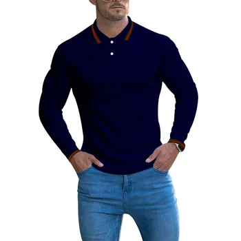 европейски американски дълъг ръкав тениска мъже бутон ревера плътен цвят тънък монтаж тройници случайни дишаща спорт отгоре пластове вътре