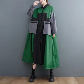 Европейски американски стил еднореден пачуърк улично облекло Fashon жени есен зима тренчкоти дълги дама връхни дрехи палта
