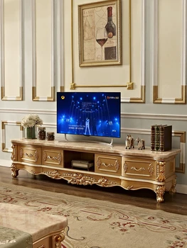 европейски стил ТВ шкаф, масивно дърво, шампанско, злато, луксозен мраморен шкаф за под, холна маса етаж кабинет комбинация