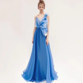 Едно рамо светло синя рокля от шифон A-line разрошени пластове женски дрехи по поръчка отворени обратно вечерни рокли някога доста