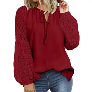 елегантен плътен цвят риза дантела кухи дълъг ръкав блуза жените пролет/есен плътен цвят пачуърк фенер ръкав риза