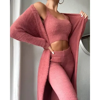 Елегантно палто с дълъг ръкав + Crop Top + Кльощави панталони Анцуг Loungewear Секси плюшени 3 части комплект домашно облекло за жени 2023