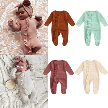 Есен Бутик Бебе Момчета Твърди Ruffle дълъг ръкав цип плетени ританки гащеризони Sleepsuit Пижами Новородени момичета дрехи