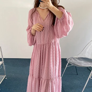 Есен Елегантен 2022 Жена Луксозни рокли с дълъг ръкав Жени Рокля с висока талия Пролетно парти Корейски A-Line фенер ръкав V-образно деколте