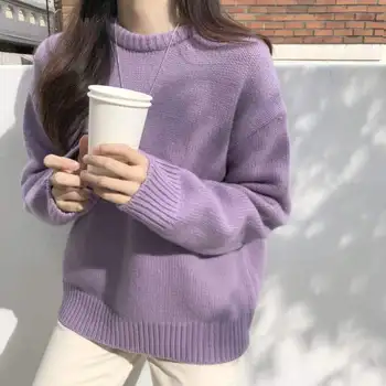 Есен/Зима 2020 Нов пуловер корейска версия плътен цвят кръг врата хлабав случайни трикотаж пуловер Em*