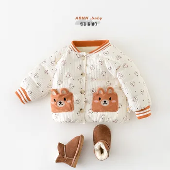 Есен Зима 2023 Корейски бебе момчета снежни облекла памук плюс кадифе дебела мечка пачуърк бебе момчета гащеризон малко дете момчета палто