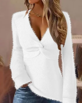 Есен зимни върхове за жени дълъг ръкав елегантен чай върховете размита усукана v-образно деколте отгоре топло плътен цвят мода пуловер блуза отгоре