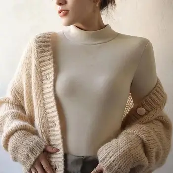 Есен пролет жени отгоре макет яка врата защита плътен цвят тънък годни дебел термичен еластичен пуловер средата дължина дама дъно