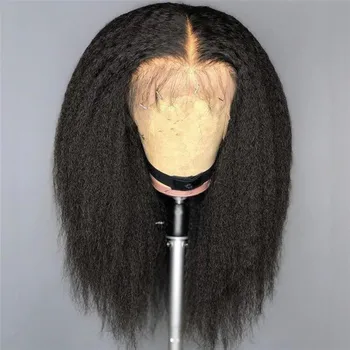 естествен 28 инчов мек черен Yaki извратен права коса перука за жени естествена линия коса извратени права перука с афро бебешка коса