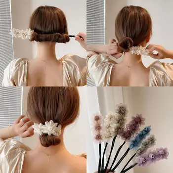 Жени Елегантен Bud шифон цвете Bun Maker Maruko прическа вземане на дълъг инструмент сладка коса Braide въже ленти за коса корейски аксесоари